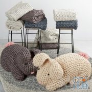 Knitted hares, stool with plaids and carpet