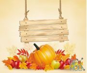 Autumn background with leave and vegetable and wooden sign (EPS)