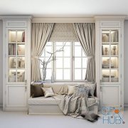 Soft area at the window - a sofa with pillows, blankets, curtains, cabinets and decor