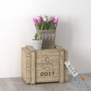 Basket with tulips on a wooden box