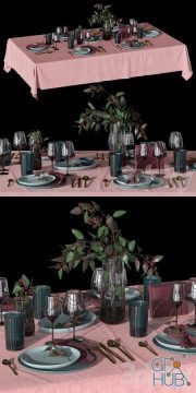 Table setting with a sprig of eucalyptus