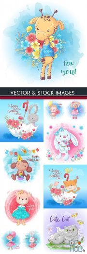 Funny cartoon animals with flowers card illustration (EPS)