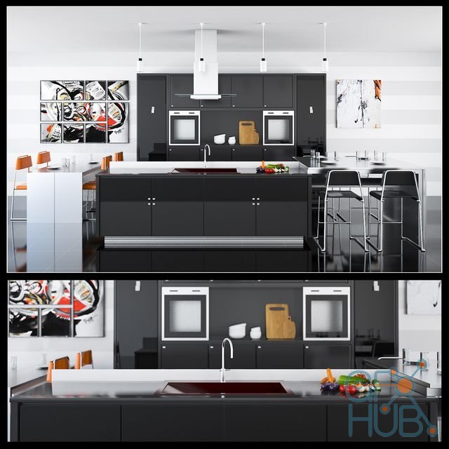 Modern kitchen with vegetables and fruits