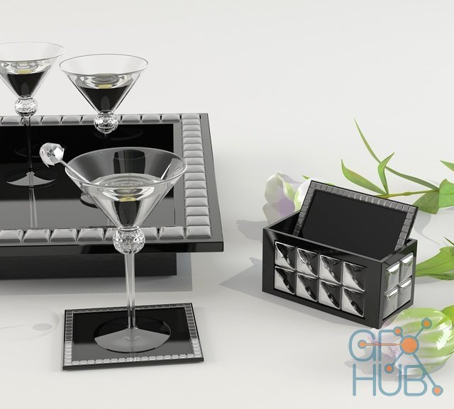 Martini glasses, casket and tray