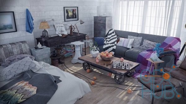 Mograph Plus – Realistic interior visualization in VrayForC4d, Industrial style room