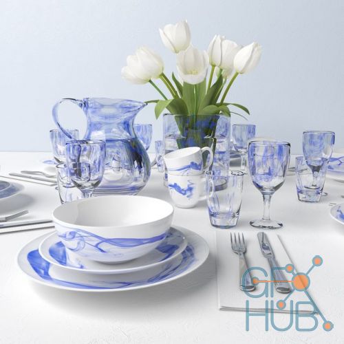 Set of dishes with white tulips