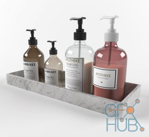 Shampoo & soap bottles with marble tray