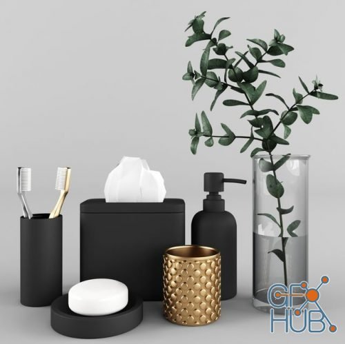 Bathroom set with a vase and branch
