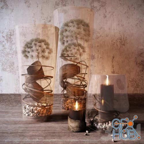 Vases with dandelions and candles
