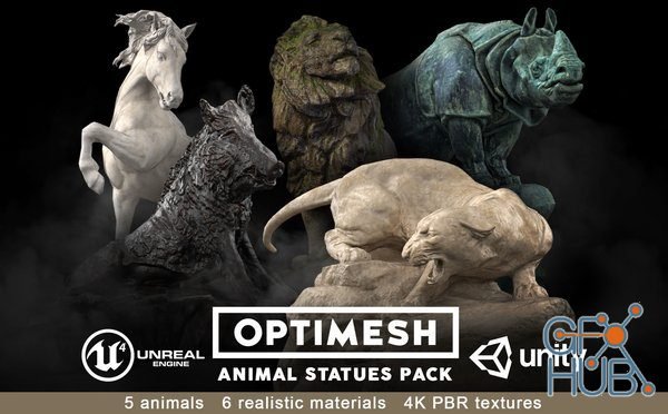 CGTrader – Animal Statues 3D PBR Pack lion puma rhino boar horse Low-poly 3D model