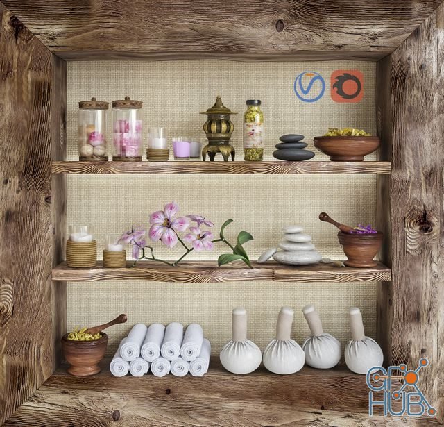 Frame shelf with a set for spa and bathroom