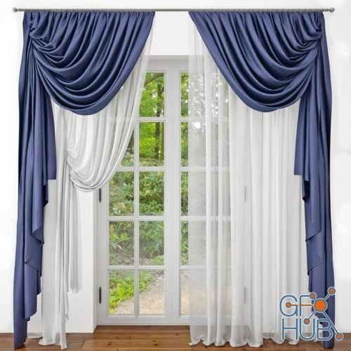 Blue and white curtains on the cornice