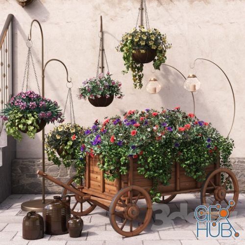 Flower cart with lanterns and jugs