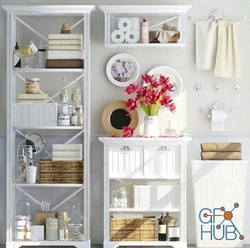 Bathroom accessories on the shelves