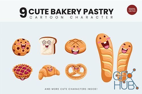 9 Cute Bakery Pastry Vector Illustration Vol.1 (AI, EPS)