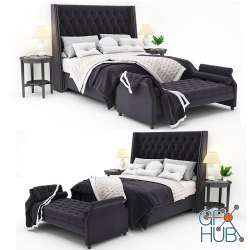 Classic bed with bedclothes and bench