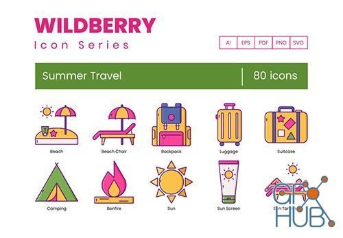 80 Summer Travel Icons – Wildberry Series (EPS)