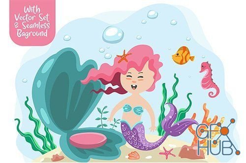 Mermaid vector with seamless (AI, EPS)