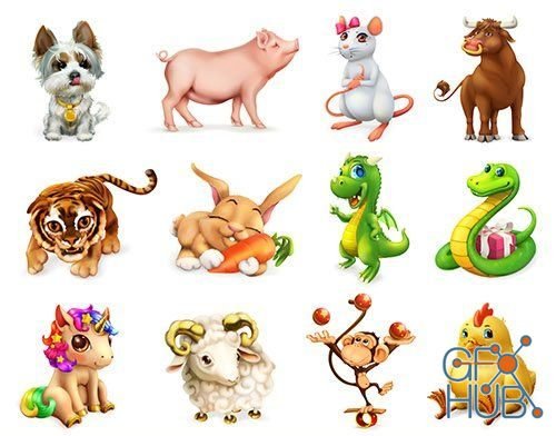 Zodiac signs and animals cartoon 3d illustration (EPS)