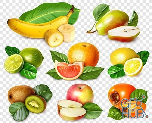 Fruit and leaves realistic 3 d illustrations (AI)