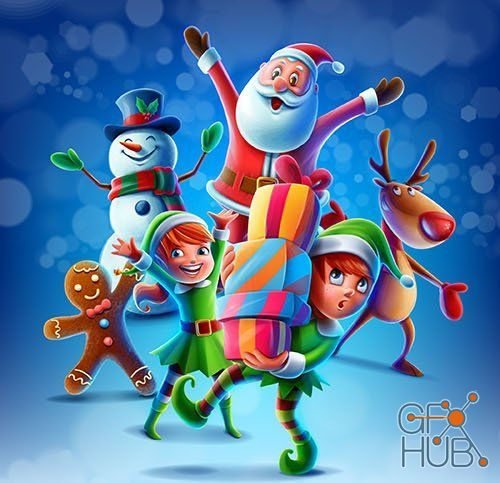 Christmas funny Santa with gifts and little assistants (EPS)