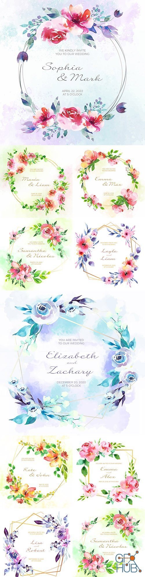 Watercolor floral decorative wedding invitations