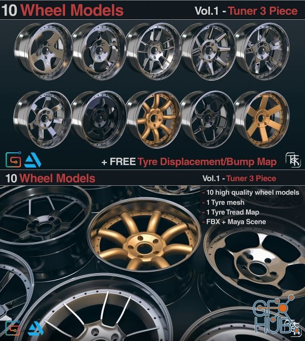 ArtStation Marketplace – 10 Wheels / Rims Models – Tuner 3 Piece Vol 01