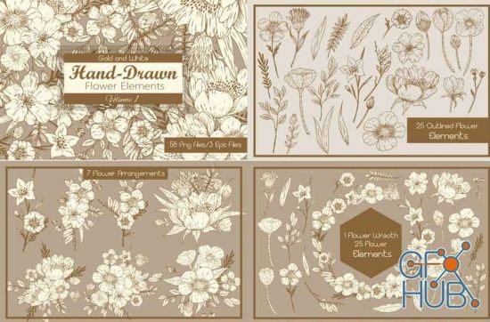 Gold and White HandDrawn Flower Elements (EPS)