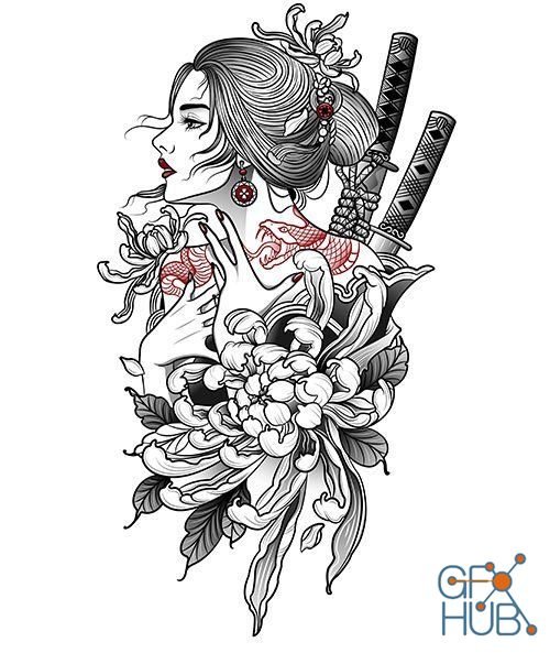 Japanese geisha with weapons and in military costume illustrations (EPS)
