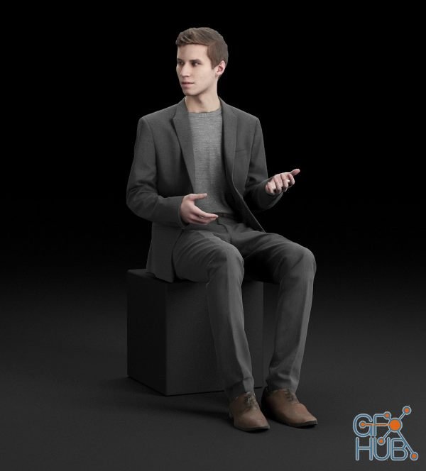 Seated business man in gray suit (3D Scan)