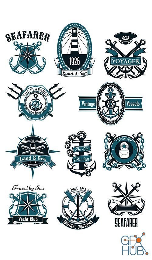 Antique sea badges and emblems with marine design (EPS)