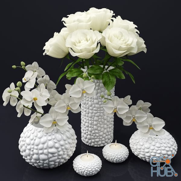 Set of decorative vases with flowers