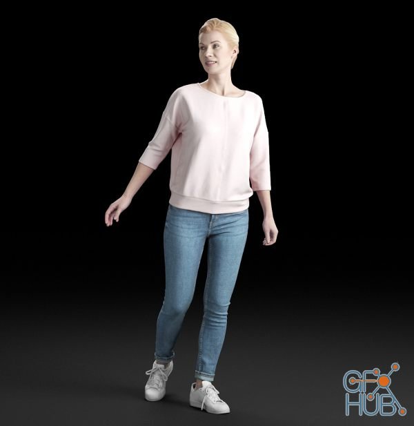 A woman stands in jeans and a pink sweater (3d-scan)