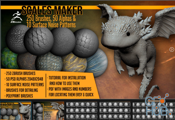 ArtStation Marketplace – Scales Maker: 250 ZBrush Brushes, 50 Alphas, and 10 Surface Patterns