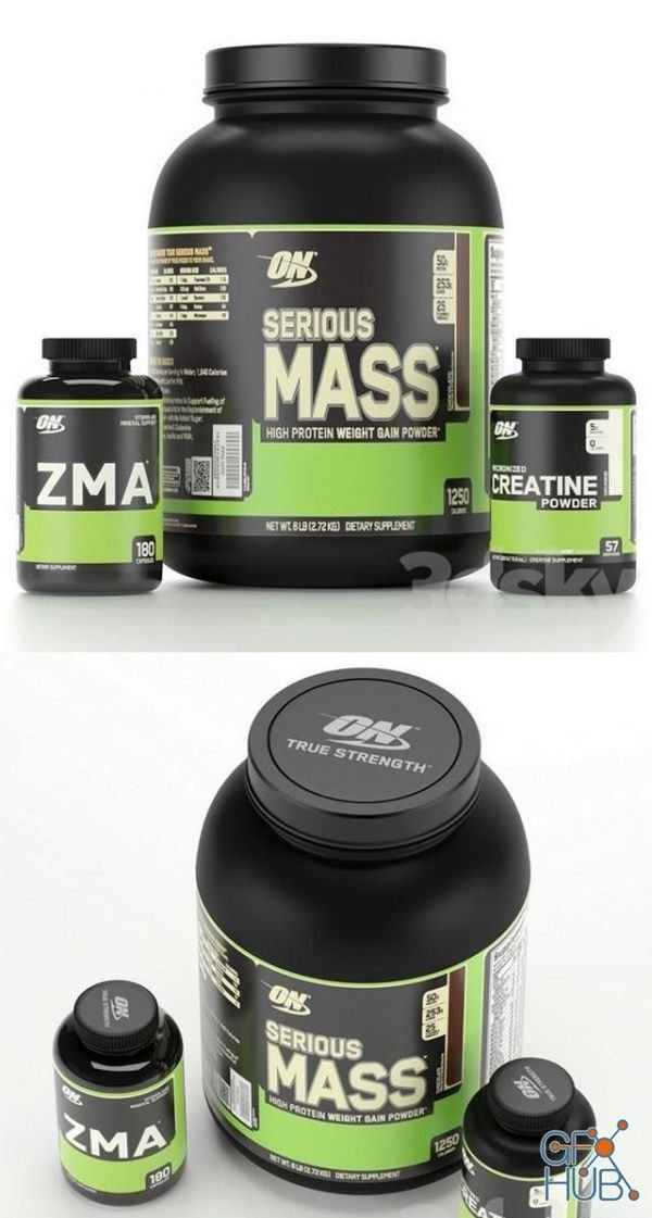 Cratine & serious mass & zma supplement bottle