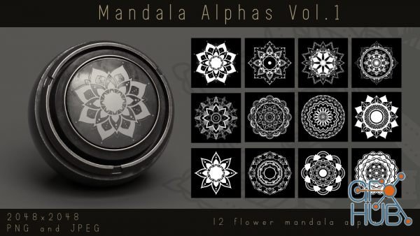 ArtStation Marketplace – Ornate Lotus Flower Mandala Alphas – Ornament Alpha pack for Substance, PNG, JPEG