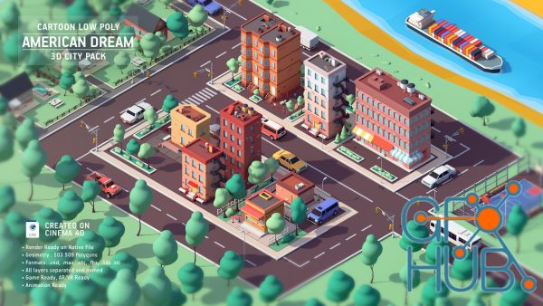 Cartoon Low Poly American Dream City Pack Low-poly 3D models