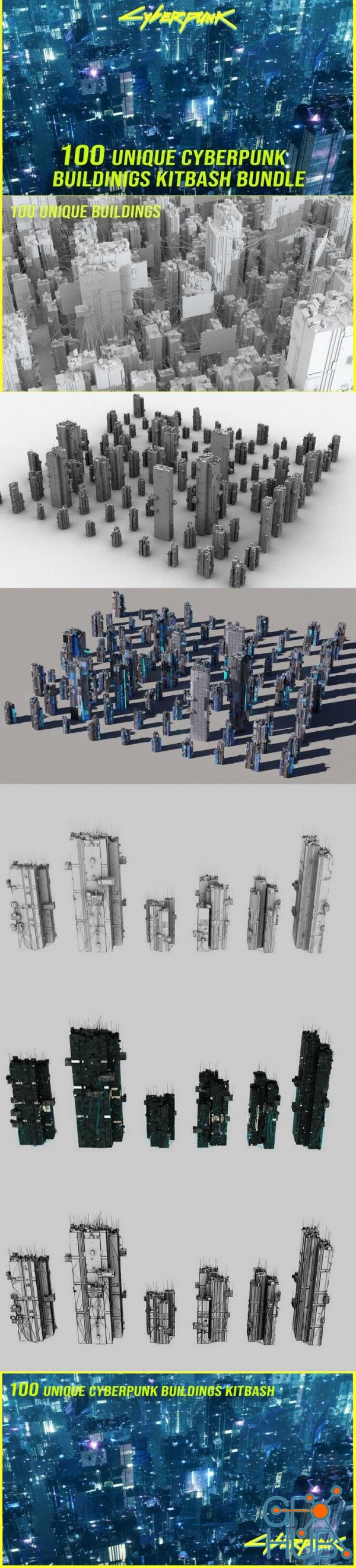 100 Unique Cyberpunk Sci fi City Buildings 3D Models