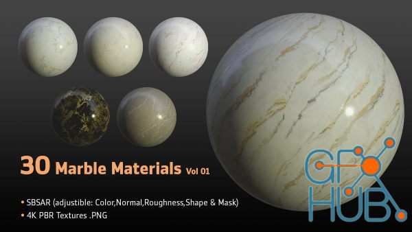 ArtStation – 30 Marble Materials (SBSAR, 4K PBR Texture) Vol 01