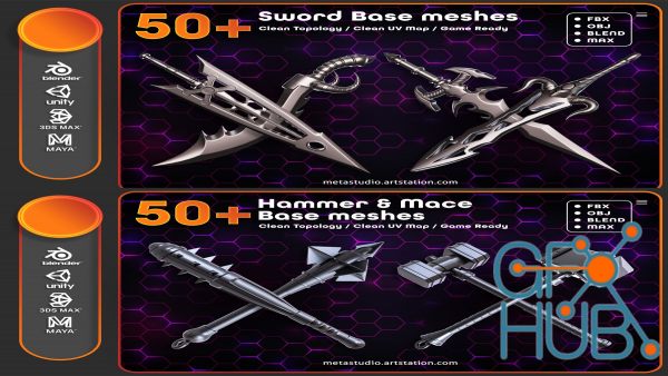 ArtStation – 50 Sword + 50 Hammer & Mace Base Meshes