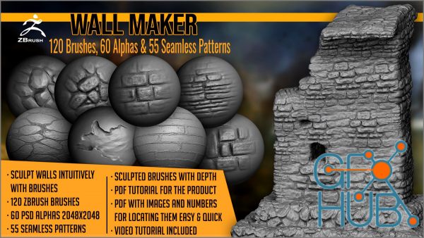 ArtStation – Wall Maker 120 ZBrush Brushes, 60 Alphas, and 55 Pattern